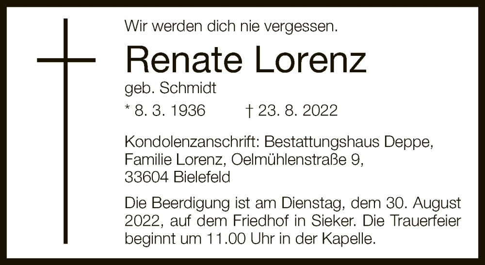  Traueranzeige für Renate Lorenz vom 27.08.2022 aus Neue Westfälische