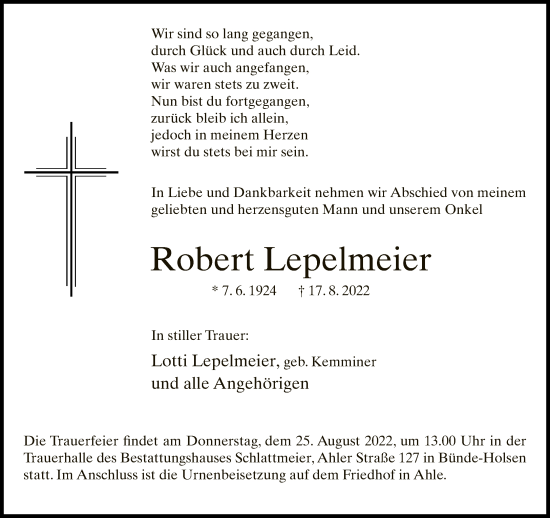 Traueranzeige von Robert Lepelmeier von Neue Westfälische