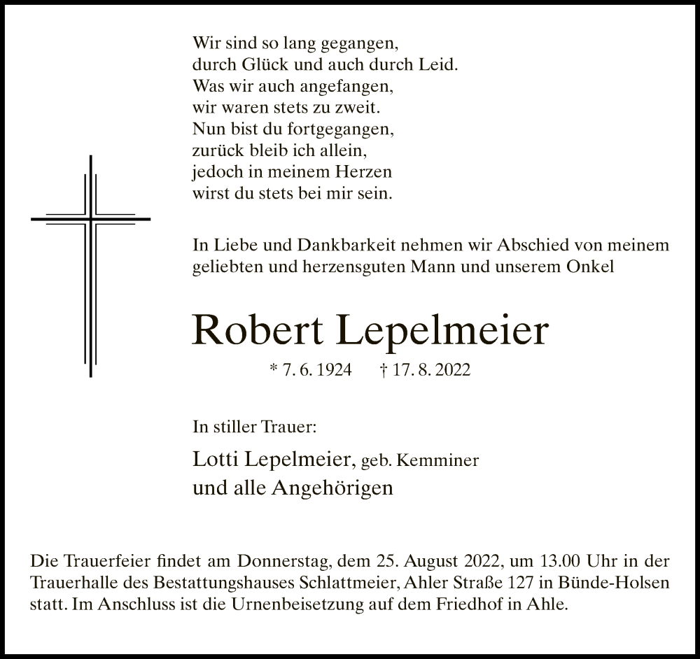  Traueranzeige für Robert Lepelmeier vom 20.08.2022 aus Neue Westfälische