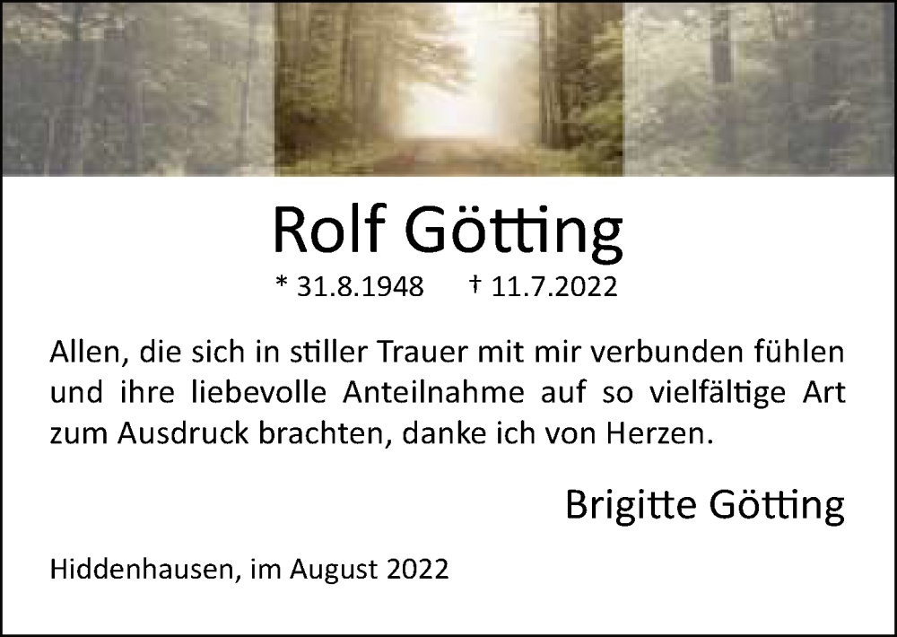  Traueranzeige für Rolf Götting vom 20.08.2022 aus Neue Westfälische