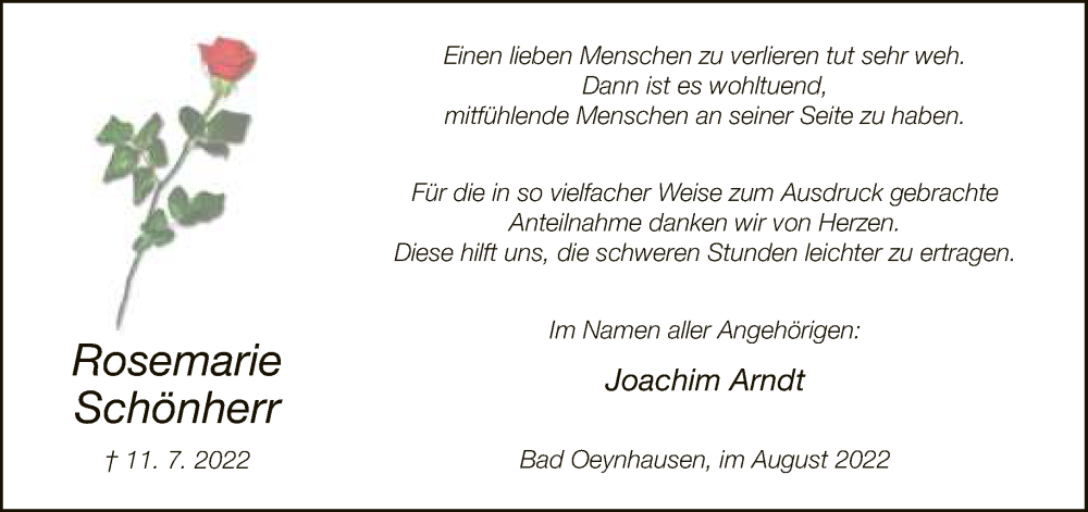  Traueranzeige für Rosemarie Schönherr vom 13.08.2022 aus Neue Westfälische