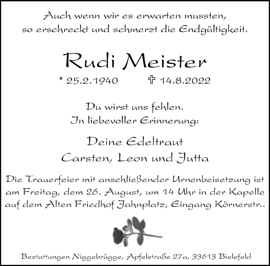 Traueranzeige von Rudi Meister von Neue Westfälische