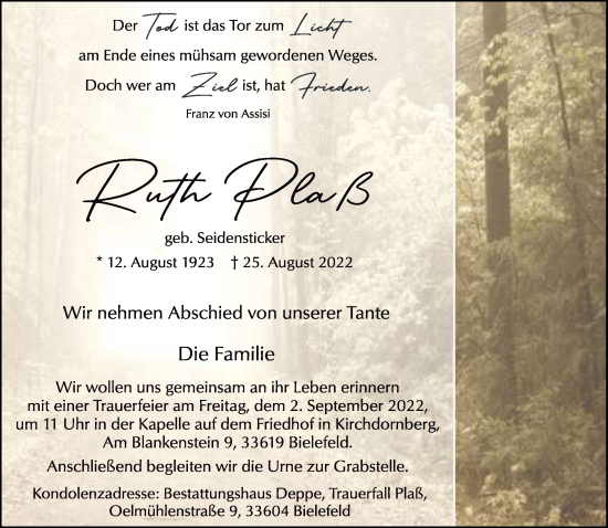 Traueranzeige von Ruth Plaß von Neue Westfälische