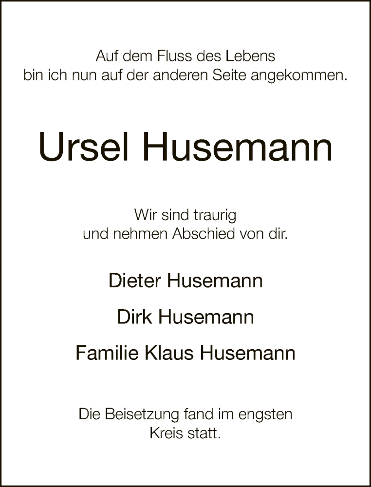  Traueranzeige für Ursel Husemann vom 20.08.2022 aus Neue Westfälische