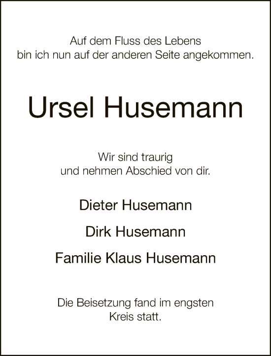 Traueranzeige von Ursel Husemann von Neue Westfälische