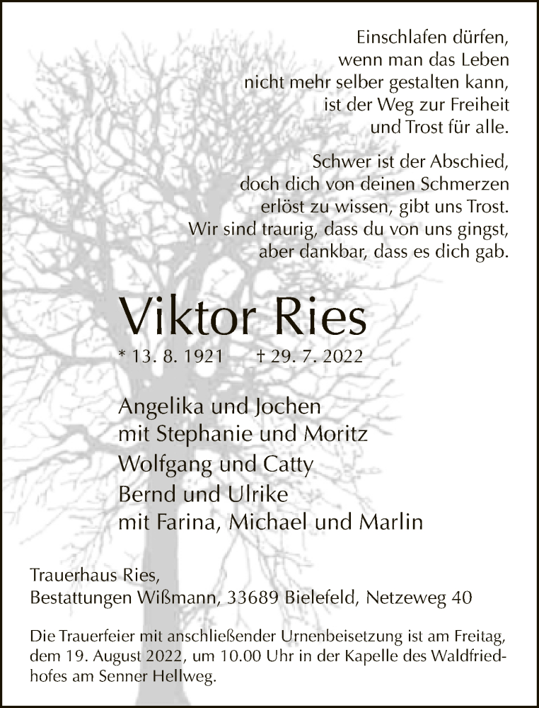  Traueranzeige für Viktor Ries vom 06.08.2022 aus Neue Westfälische