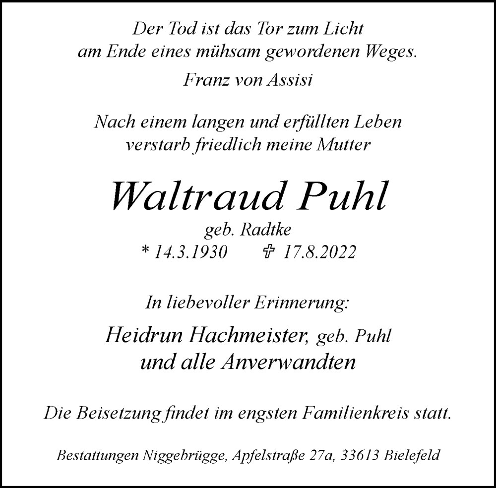  Traueranzeige für Waltraud Puhl vom 27.08.2022 aus Neue Westfälische