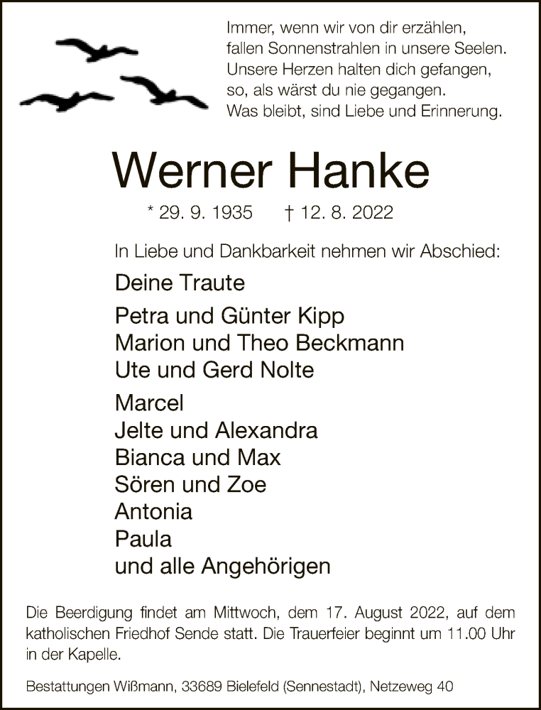  Traueranzeige für Werner Hanke vom 13.08.2022 aus Neue Westfälische