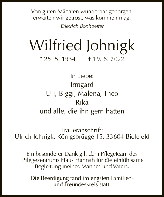 Traueranzeige von Wilfried Johnigk von Neue Westfälische