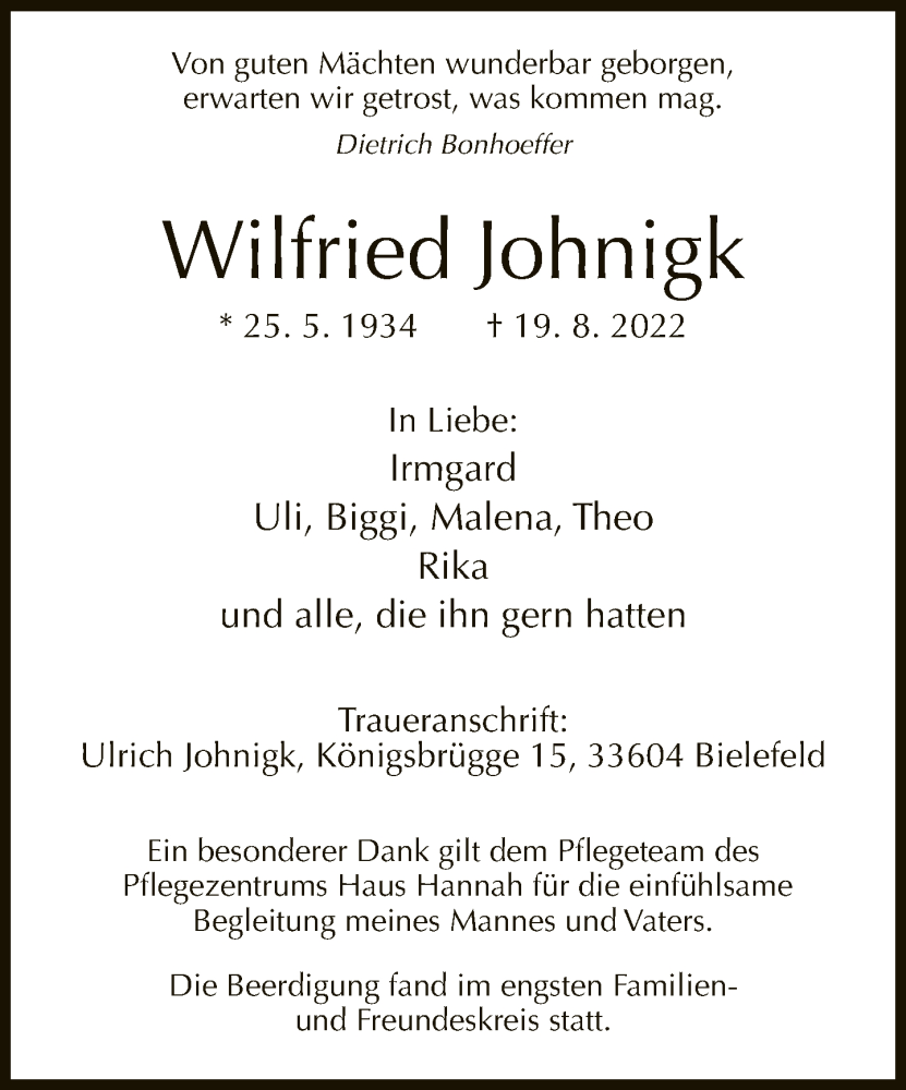  Traueranzeige für Wilfried Johnigk vom 27.08.2022 aus Neue Westfälische