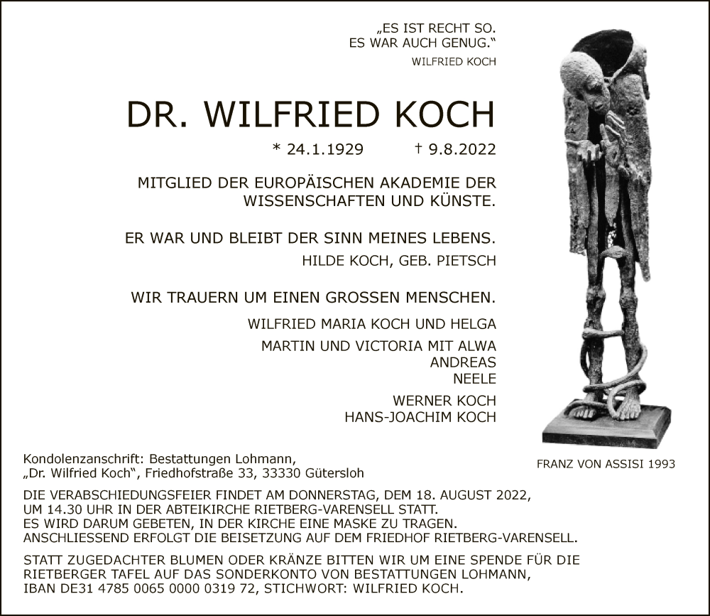  Traueranzeige für Wilfried Koch vom 16.08.2022 aus Neue Westfälische