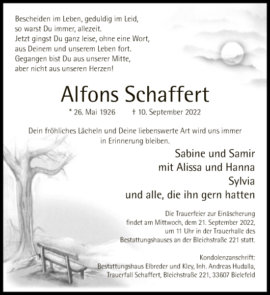 Traueranzeige von Alfons Schaffert von Neue Westfälische