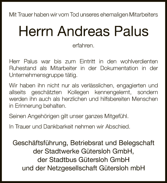 Traueranzeige von Andreas Palus von Neue Westfälische