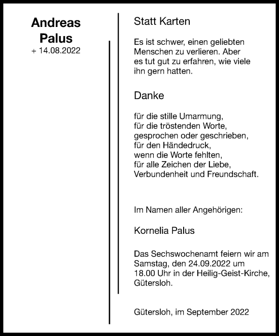Traueranzeige von Andreas Palus von Neue Westfälische
