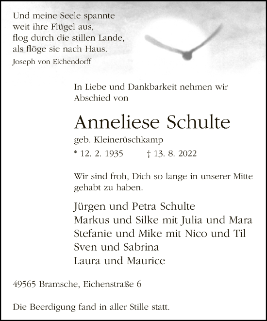Traueranzeige von Anneliese Schulte von Neue Westfälische