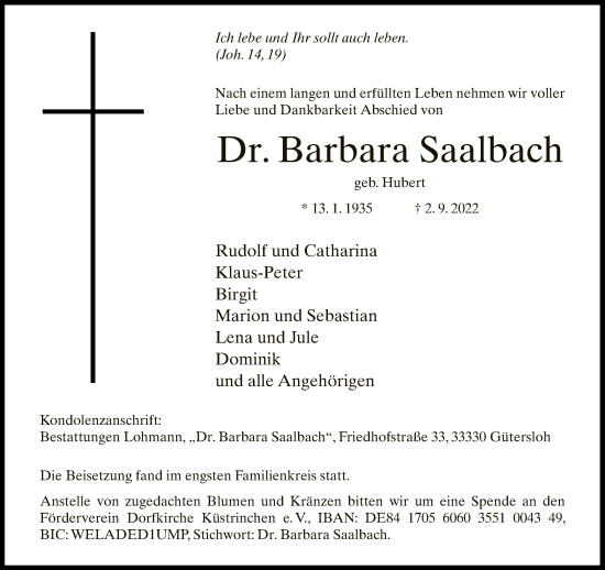 Traueranzeige von Barbara Saalbach von Neue Westfälische