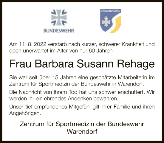 Traueranzeige von Barbara Susann Rehage von Neue Westfälische