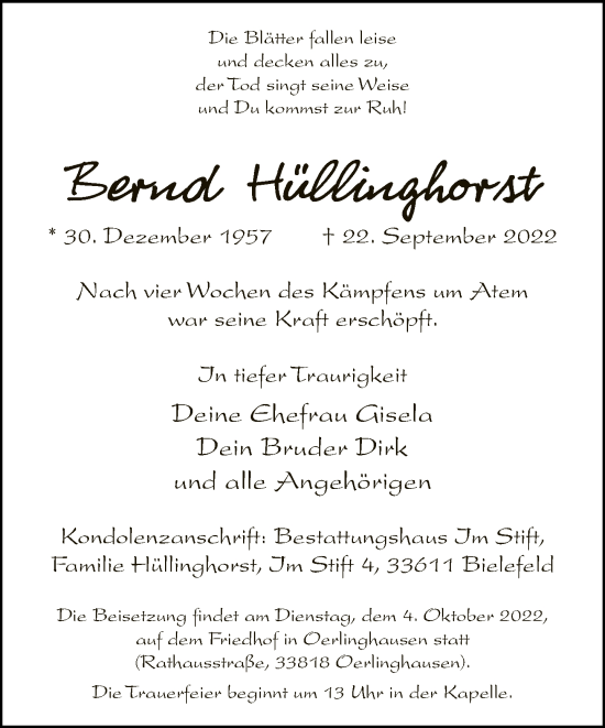 Traueranzeige von Bernd Hüllinghorst von Neue Westfälische