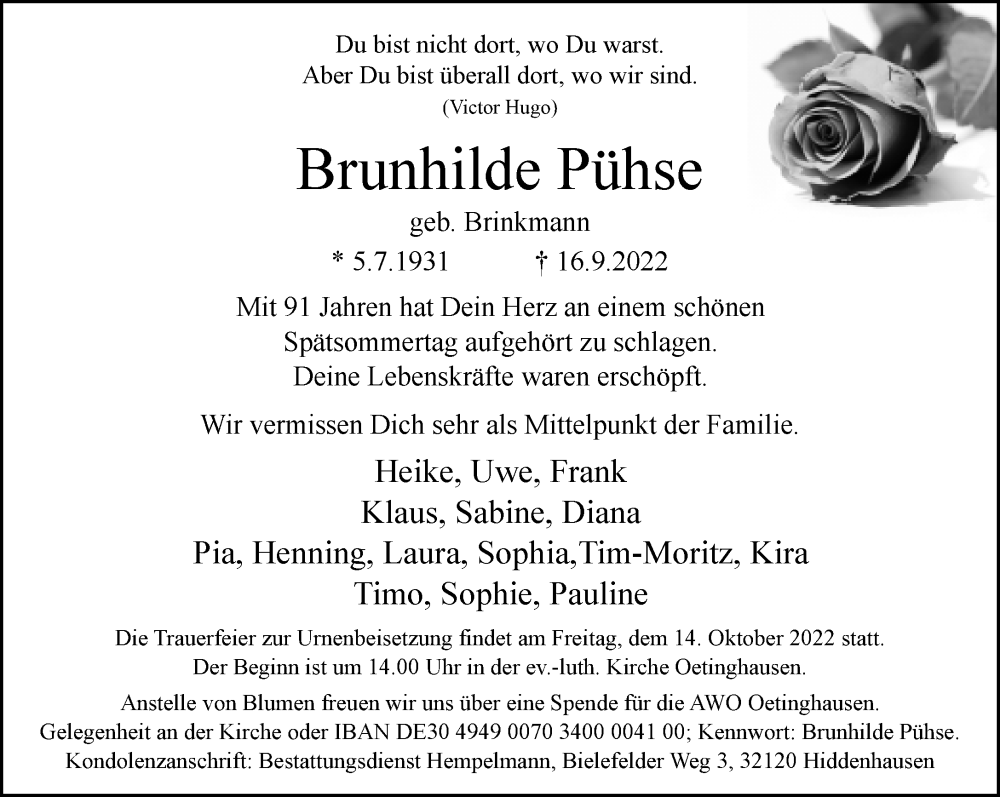  Traueranzeige für Brunhilde Pühse vom 24.09.2022 aus Neue Westfälische