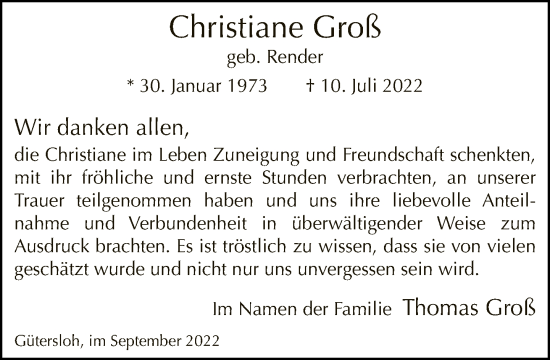 Traueranzeige von Christiane Groß von Neue Westfälische