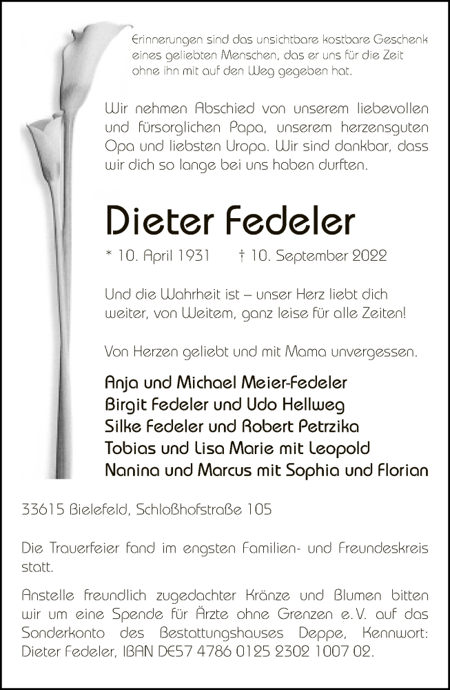  Traueranzeige für Dieter Fedeler vom 17.09.2022 aus Neue Westfälische
