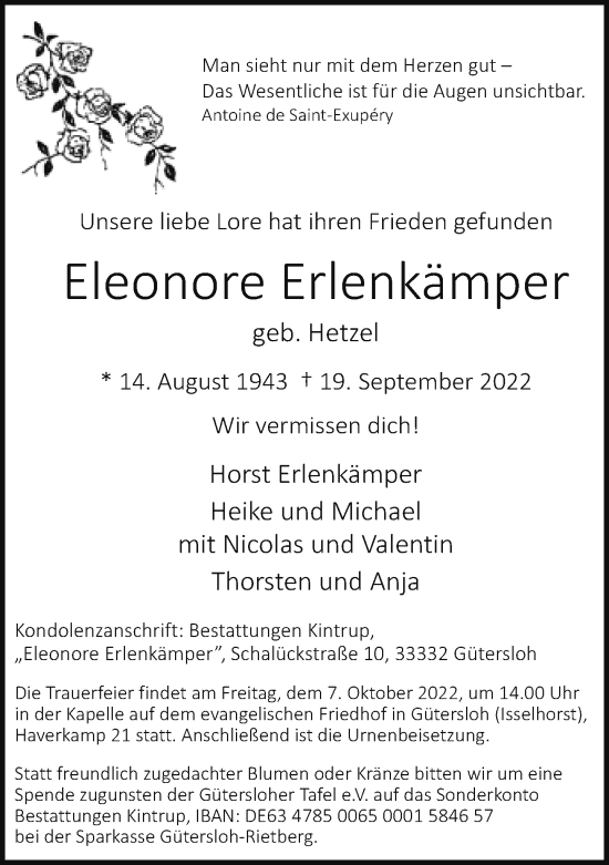 Traueranzeige von Eleonore Erlenkämper von Neue Westfälische