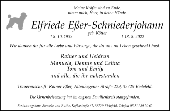Traueranzeige von Elfriede Eßer-Schniederjohann von Neue Westfälische