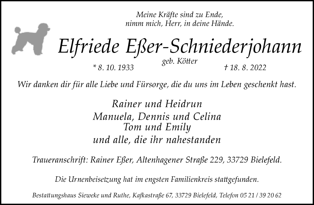  Traueranzeige für Elfriede Eßer-Schniederjohann vom 03.09.2022 aus Neue Westfälische