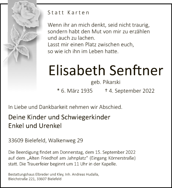 Traueranzeige von Elisabeth Senftner von Neue Westfälische