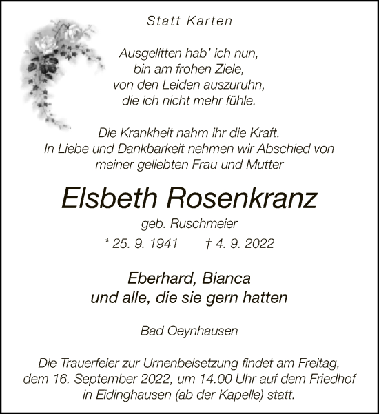 Traueranzeige von Elsbeth Rosenkranz von Neue Westfälische