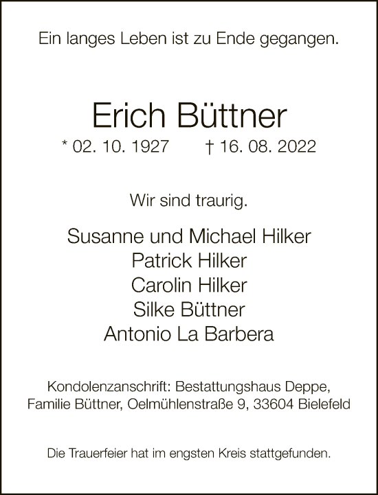 Traueranzeige von Erich Büttner von Neue Westfälische