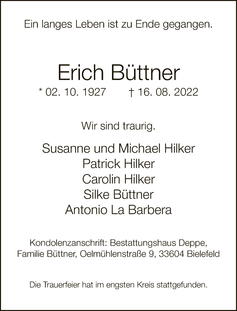  Traueranzeige für Erich Büttner vom 03.09.2022 aus Neue Westfälische