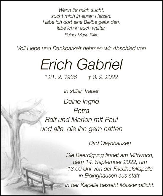 Traueranzeige von Erich Gabriel von Neue Westfälische