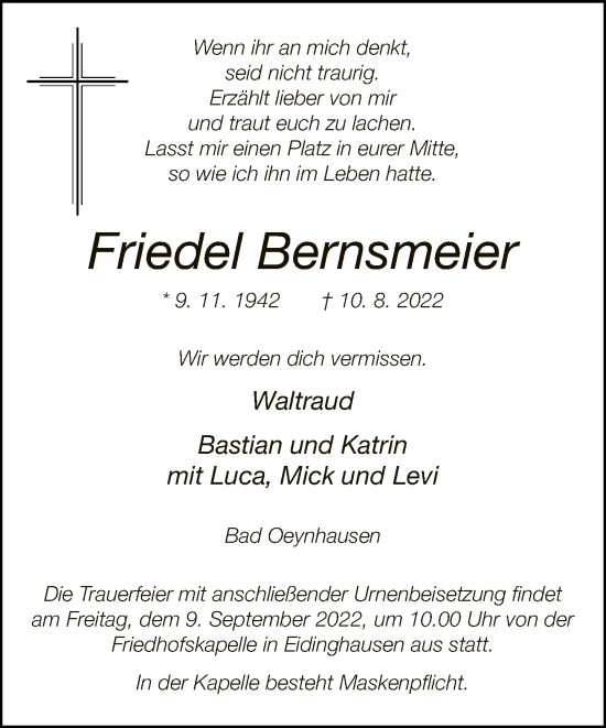 Traueranzeige von Friedel Bernsmeier von Neue Westfälische