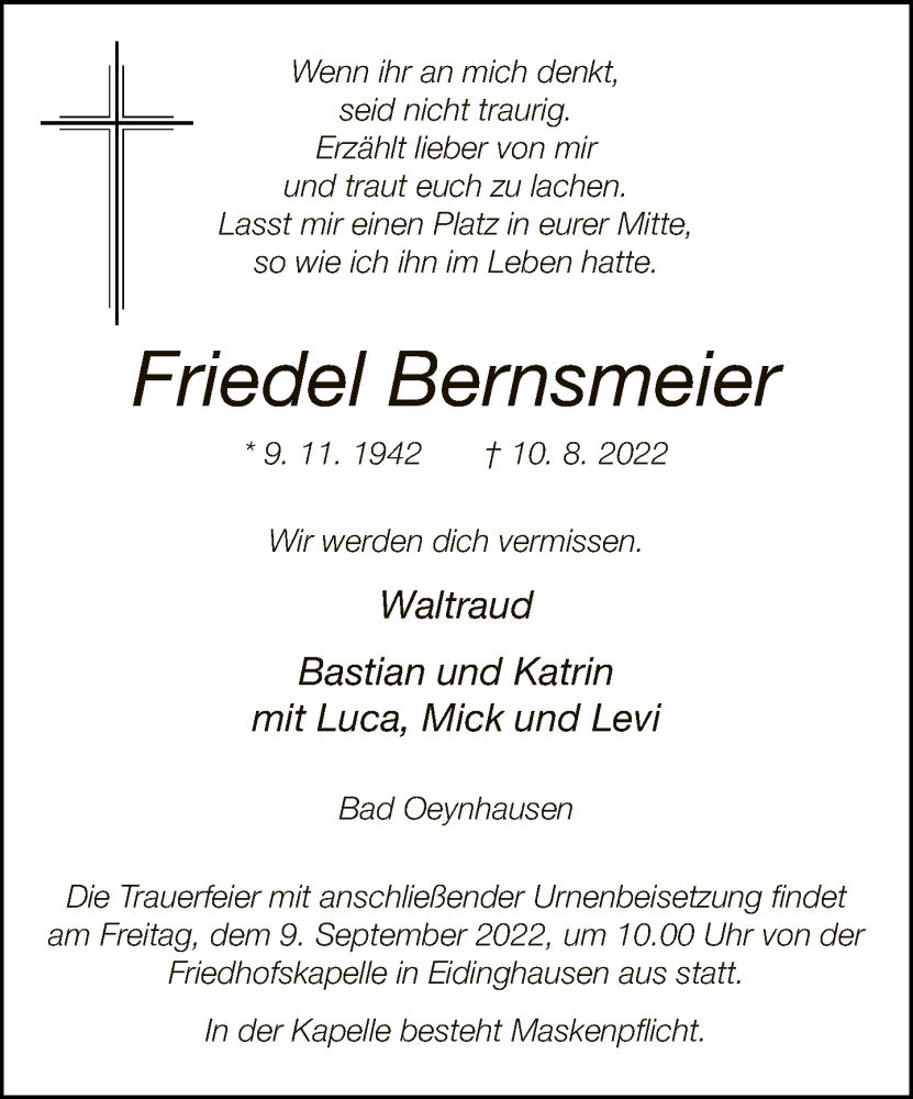 Traueranzeige für Friedel Bernsmeier vom 07.09.2022 aus Neue Westfälische