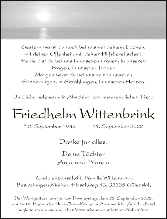 Traueranzeige von Friedhelm Wittenbrink von Neue Westfälische
