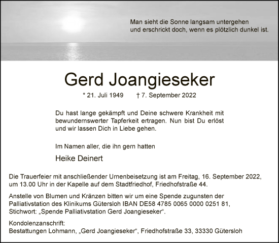 Traueranzeige von Gerd Joangieseker von Neue Westfälische
