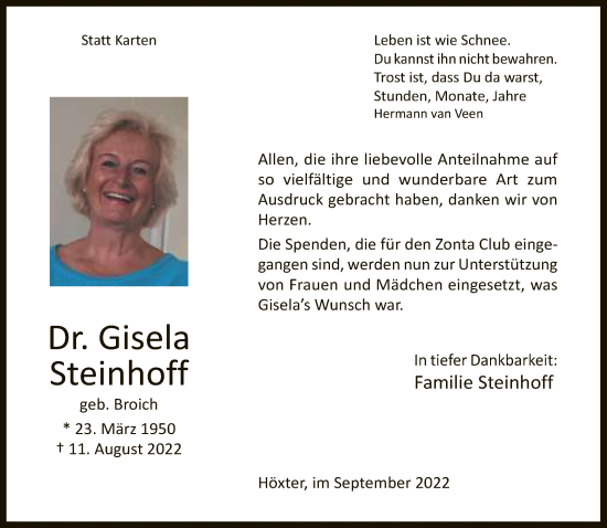 Traueranzeige von Gisela Steinhoff von Neue Westfälische