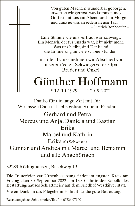 Traueranzeige von Günther Hoffmann von Neue Westfälische