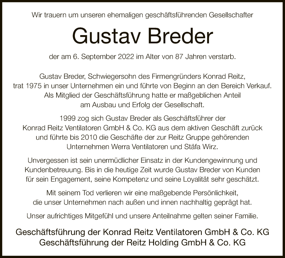  Traueranzeige für Gustav Breder vom 10.09.2022 aus Neue Westfälische