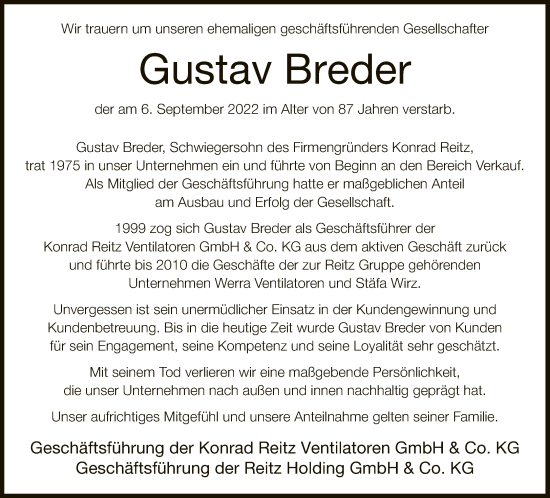 Traueranzeige von Gustav Breder von Neue Westfälische