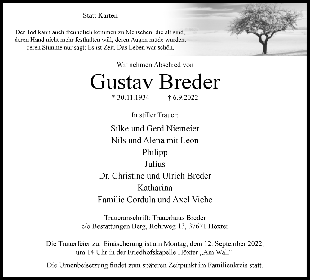  Traueranzeige für Gustav Breder vom 10.09.2022 aus Neue Westfälische