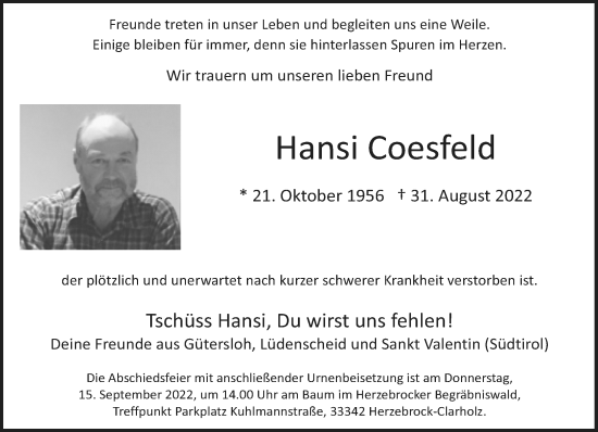 Traueranzeige von Hans-Joachim Coesfeld von Neue Westfälische