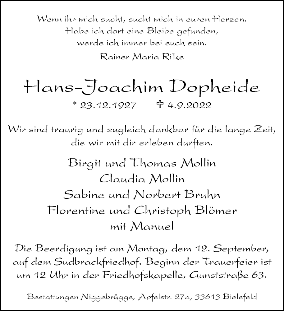  Traueranzeige für Hans-Joachim Dopheide vom 09.09.2022 aus Neue Westfälische
