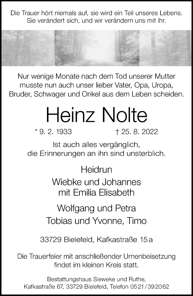  Traueranzeige für Heinz Nolte vom 03.09.2022 aus Neue Westfälische