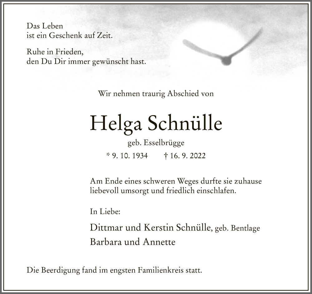  Traueranzeige für Helga Schnülle vom 24.09.2022 aus Neue Westfälische