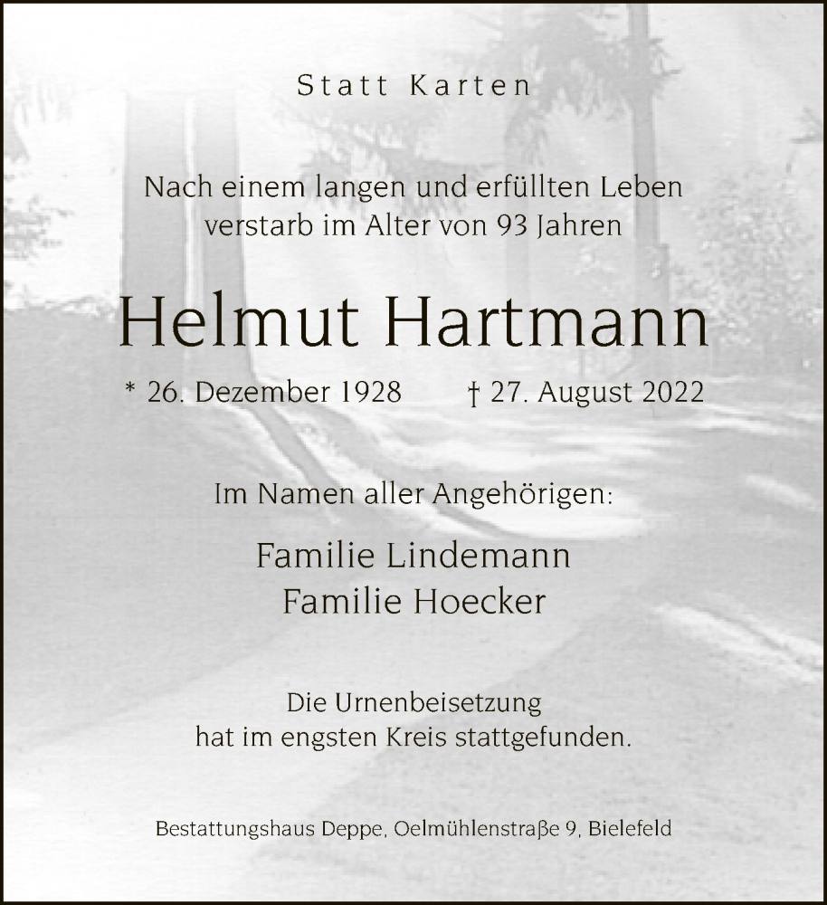  Traueranzeige für Helmut Hartmann vom 10.09.2022 aus Neue Westfälische