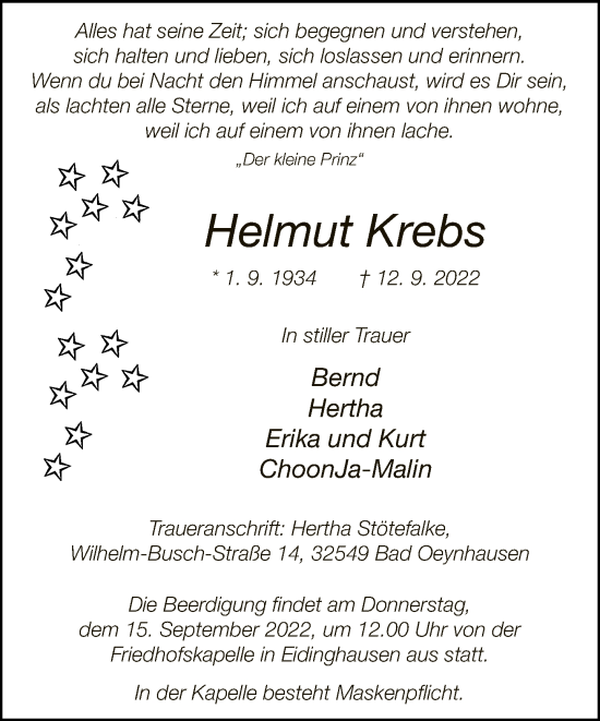 Traueranzeige von Helmut Krebs von Neue Westfälische