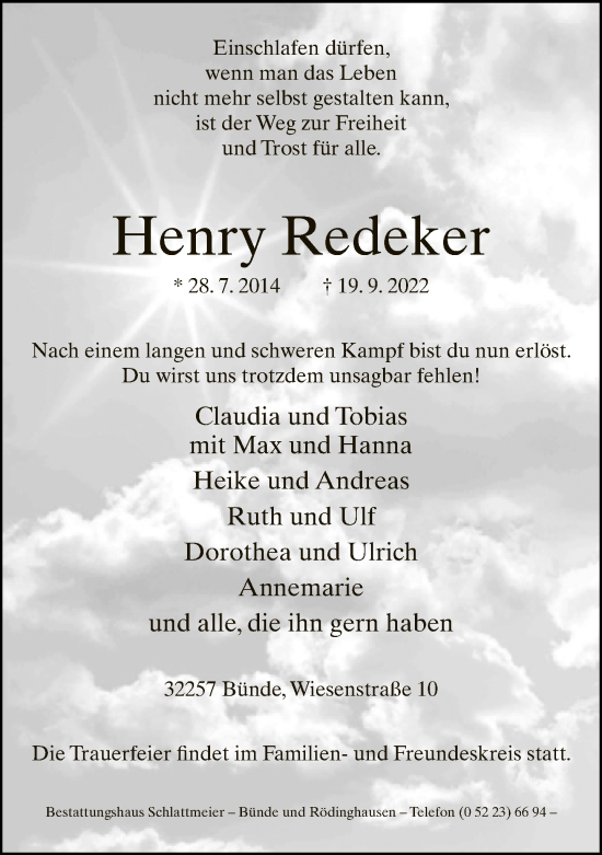 Traueranzeige von Henry Redeker von Neue Westfälische