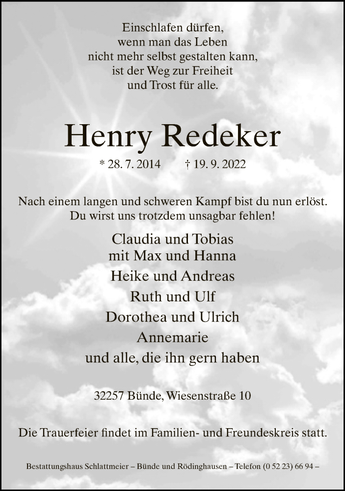  Traueranzeige für Henry Redeker vom 21.09.2022 aus Neue Westfälische